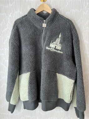 Walt Disney World Gray Sherpa Quarter Zip Pullover Fleece Embroidered Castle